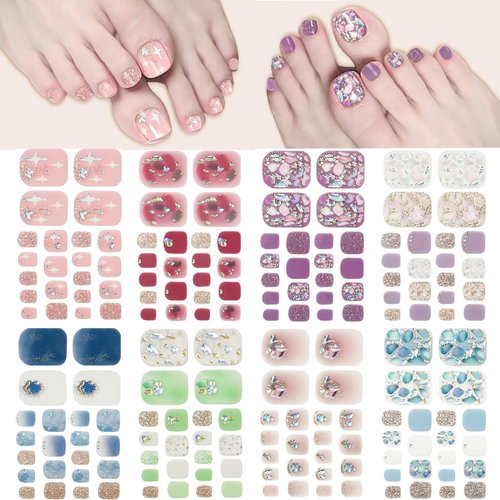 8 Sheets Toe Nail Stickers Diamond Charm Full Nail Wraps Glitter Toenail Nail Polish Strips Marble Decals Colorful Sparkly Rhinestones Toe Nail Wraps Toes Nails with 8pcs Nail file for Women Manicure