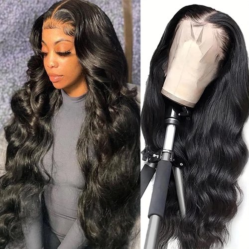 Long Lace Front Wigs Synthetic Artificial Human Hair Wavy Wig for Women Middle Part Body Wave Lace Front Wigs Transparent Natural Black Lace Frontal Wigs for Girls Party Daily Use (24'' Black)