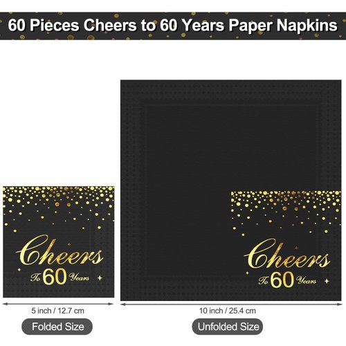 durony 60 Pieces Cheers to 60 Years Paper Napkins Black Gold Foil 3-Ply Party Napkins Folded 5 x 5 Inch Cocktail Napkins for 60th Anniversary Birthday Retirement Party Supplies Decorations