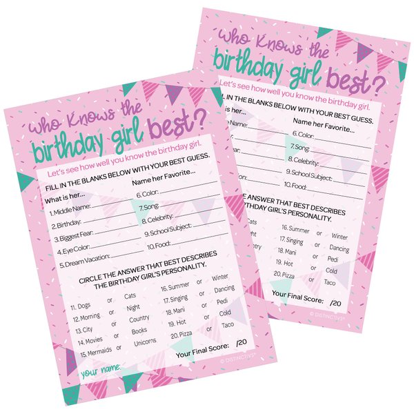 DISTINCTIVS Who Knows The Birthday Girl Best Party Game - 10 Game Cards - Girly Pink and Purple Tween Birthday Party Supplies