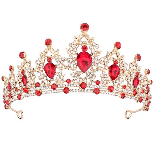 CAVETEE Gold Baroque Queen Crown for Women Birthday Tiara Luxurious Red Rhinestones Crown Wedding Bridal Crown Birthday Party Headbands Princess Party Prom Gold Tiaras and Crowns for Women Girls