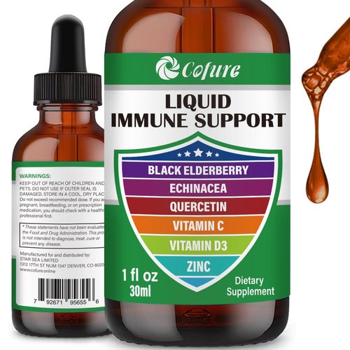 Organic Echinacea Elderberry Quercetin with Zinc Vitamin C D3, 6 in 1 Liquid Supplements for Immune Support, Vegan, Non-GMO, Gluten Free - 1 Fl Oz