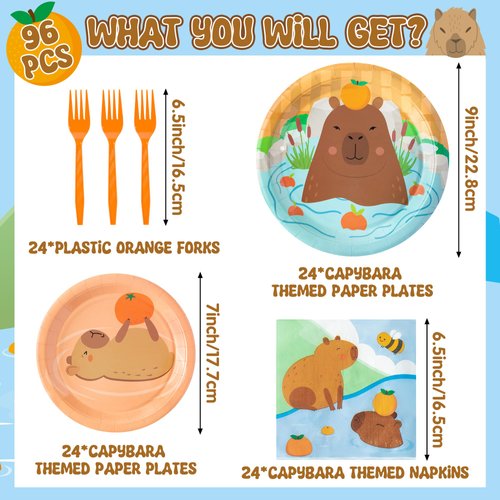 G1ngtar 96Pcs Capybara Party Plates Supplies - Cute Cartoon Capybara Party Tableware Decorations Animal Orange Disposable Paper Plates Napkins Forks for Kids Birthday Baby Shower, Serves 24 Guests