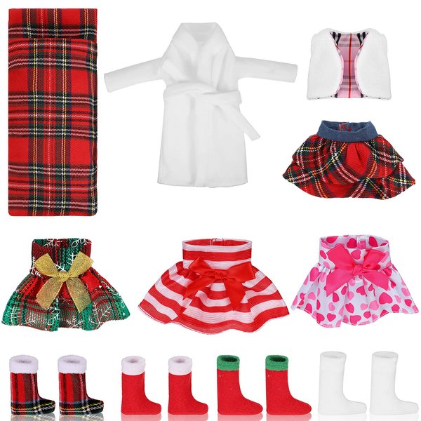 11 Pieces Christmas Doll Clothes Christmas Doll Clothing Christmas Accessory Set for Doll Include Christmas Doll Plaid Skirt Dress Fluffy Vest Xmas Nightgown Sleeping Bag Sock