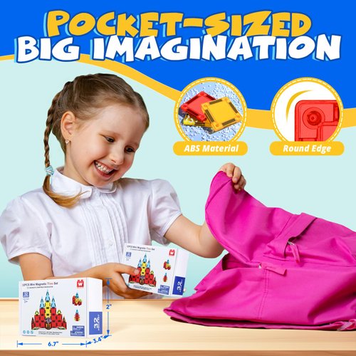 W WISE BLOCK Magnetic Tiles, 32PCS Mini Magnetic Blocks, STEM Travel Magnetic Building Blocks Sets, Construction Magnets Tiles Toys for Boys Girls Kids Toddlers Ages 3 4 5 6 7 8+ Year Old