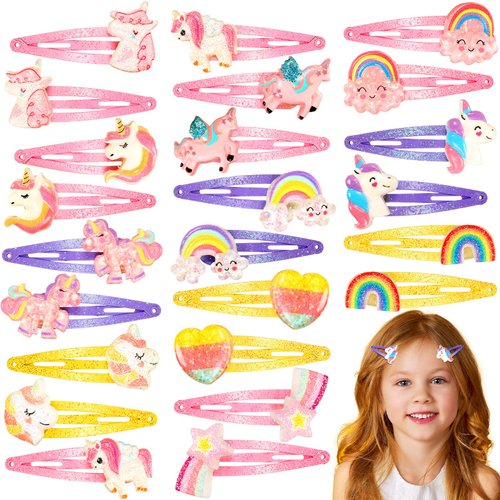 Hanaive 24 Pcs Rainbow Unicorn Clips Metal Clips Butterfly Snap Barrettes Cute Mermaid Hair Pins Sparkly Animal Hair Accessories for Toddlers Little Girls Birthday Party Gifts(Rainbow Pattern)