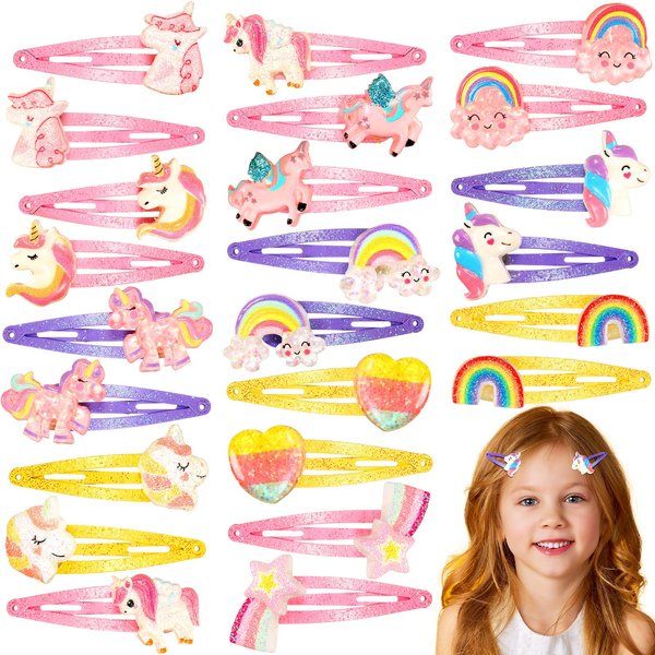 Hanaive 24 Pcs Rainbow Unicorn Clips Metal Clips Butterfly Snap Barrettes Cute Mermaid Hair Pins Sparkly Animal Hair Accessories for Toddlers Little Girls Birthday Party Gifts(Rainbow Pattern)
