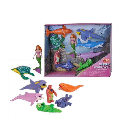 Wild Republic Mermaid Moveable Action Playset, Aquatic Animals, Kids Gifts, Water Toys, 9-Pieces