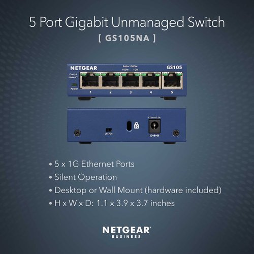 NETGEAR 5-Port Gigabit Ethernet Unmanaged Switch (GS105NA) - Desktop or Wall Mount, and Limited Lifetime Protection Gray