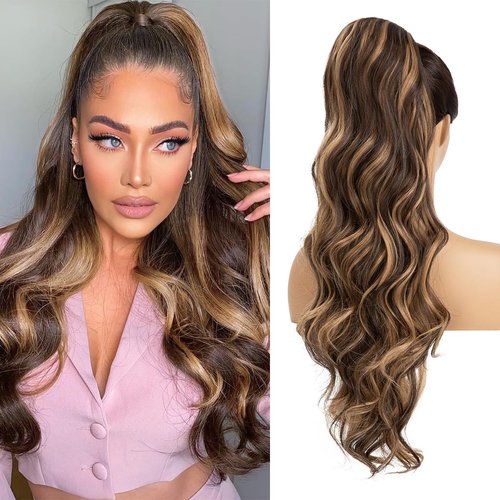 YUMOREAL Drawstring Ponytail Hair Extensions Wavy Long 26 Inch Synthetic Fake Hairpiece for Women Dark Brown/Golden Blonde