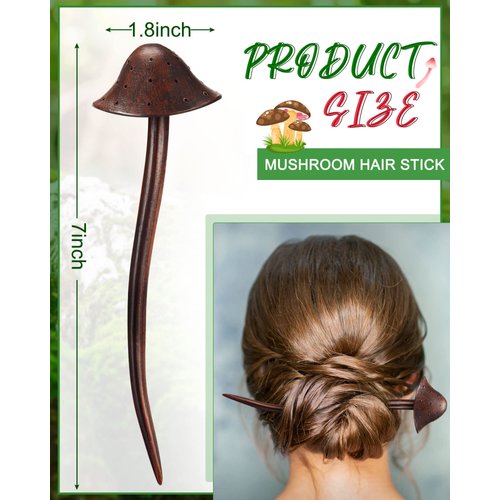 Taiyin 2 Pcs Mushroom Hair Accessories: Long Chinese Chopsticks for Women and Girls with Cute Print (Brown)