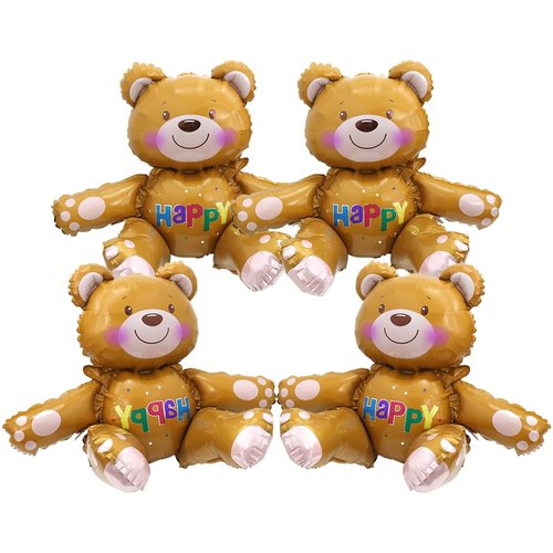 4D Teddy Bear Balloons Bear Birthday Party Supplies Baby Shower Decorations, 4 Pack Happy Bear Mylar Foil Balloons Self-Stand Woodland Jungle Safari Animal Brown Bear Helium Balloons