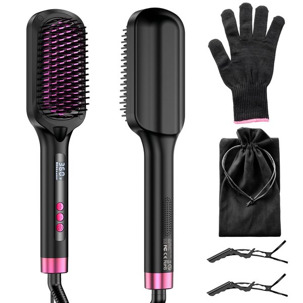 Hair Straightener Brush, 30s Fast Heated Negative Ionic Hair Straightening Brush, Global Voltage, 16 Temp Modes, Anti-Frizz & Anti-Scald & Auto Temperature Lock & Auto-Off Function-Black