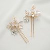 SWEETV Hair Pins for Brides, Handmade Beaded Wedding Hair Pieces for Brides Bridesmaid, Set of 2, 3.54 x 1.97 inches, White Ceramic Flower and Light Rose Gold Plated Leaves, Hair Clip