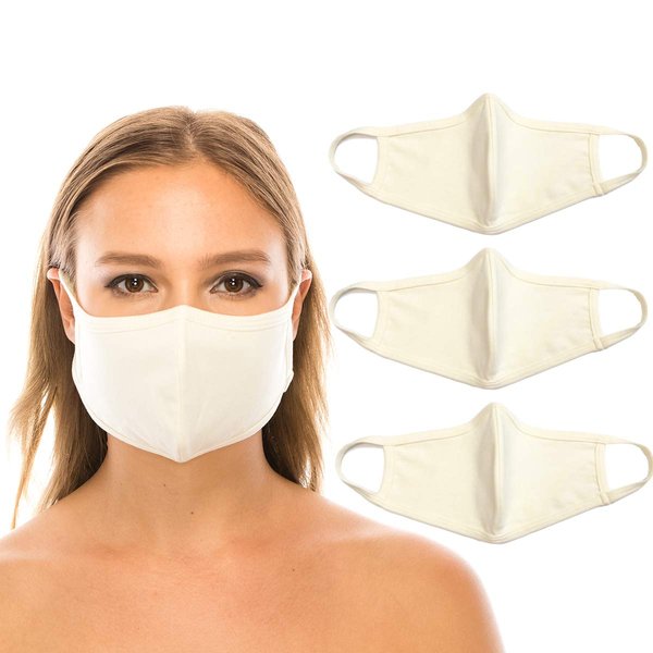 unik Cloth Face Covers, 3 Pack, Cotton/Poly 2 Layer, Washable, Reusable, Unisex - Ivory Solid Adult Size