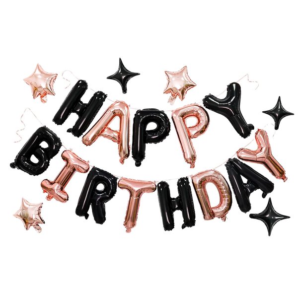 Happy Birthday Balloons Banner, 3D Mylar Foil Letter Birthday Balloons with 6pcs Star Balloons, Birthday Party Decorations for Kids Boys Men Adults Birthday Party Supplies, Black&Rose Gold