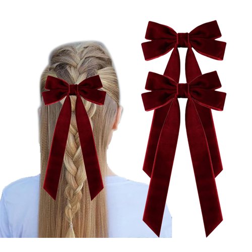 2Pcs Velvet Hair Bows Ribbon for Women Big Fall Alligator Clips Bowknot Hair Ponytail Holder Accessories for Women Girls Toddlers Teens Kids (Wine Red*2)