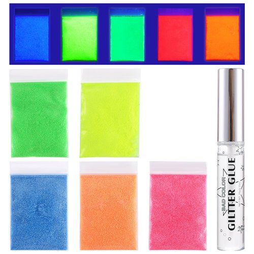 BADCOLOR 5 Pack UV Glow Body Glitters + Quick Dry Glue Kit, Neon Powder for Face, Hair, Eye Makeu...