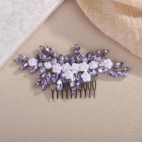Teyglen Flower Rhinestone Wedding Hair Comb Floral Crystal Hair Piece Purple Crystal Hair Side Comb Flower Bridal Headpiece Hair Accessories for Women (Purple)