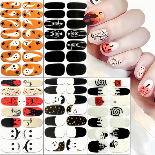 5 Sheets Glitter Halloween Skull Spider Web Nail Wraps Stickers Ghost Skeleton Halloween Gel Nail Strips Stickers Pumpkin Spider Nail Polish Full Wrap Stickers for Women Girls Nail Decoration Supplies