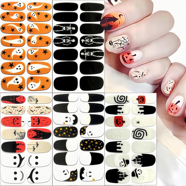 5 Sheets Glitter Halloween Skull Spider Web Nail Wraps Stickers Ghost Skeleton Halloween Gel Nail Strips Stickers Pumpkin Spider Nail Polish Full Wrap Stickers for Women Girls Nail Decoration Supplies