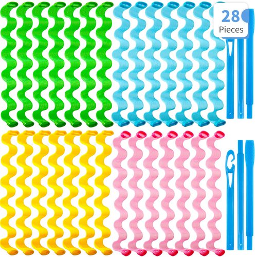 28 Pieces Heatless Wave Hair Curlers Formers Spiral Curls Hair Wave Curlers No Heat Styling Kit Spiral Hair Curlers with 2 Pieces Styling Hooks for Most Kinds of Hairstyles (55 cm, Assorted Color)