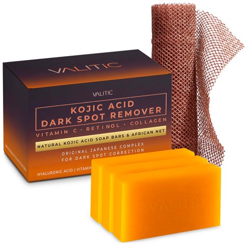VALITIC Kojic Acid Dark Spot Remover Soap with Turmeric, Vitamin C, Retinol - Original Japanese Complex with Hyaluronic Acid, Vitamin E, Shea Butter, Castile Olive Oil - 3 Pack and African Net Sponge