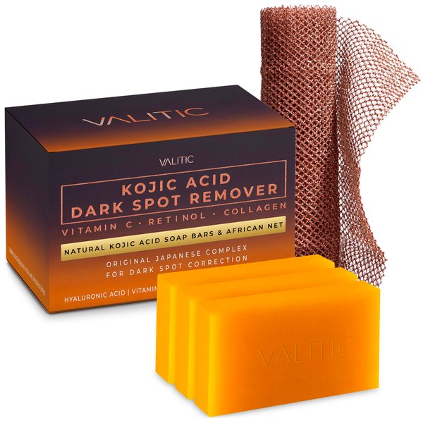 VALITIC Kojic Acid Dark Spot Remover Soap with Turmeric, Vitamin C, Retinol - Original Japanese Complex with Hyaluronic Acid, Vitamin E, Shea Butter, Castile Olive Oil - 3 Pack and African Net Sponge