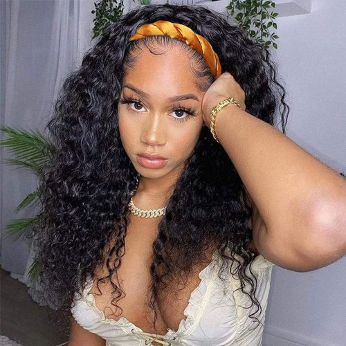 4GIRL4EVER Deep Wave Glueless Human Hair Wigs for Women Half Wig 180% Density Real Headband Wig Human Hair Curly Headband Wigs Brazilian Virgin Hair None Lace Front Wig(26 Inch)
