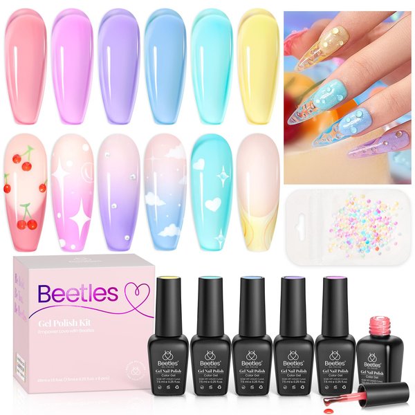 Beetles Jelly Gel Nail Polish, 6 Colors Summer Crystal Glass Translucent Pastel Gel Polish Blue Red Green Purple Yellow Soak Off UV Gel Polish with Mermaid Bubble Beads Nail Art Rainbow Nails