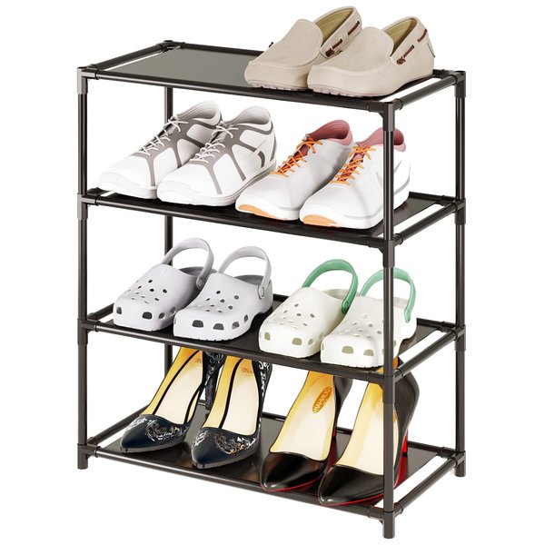 Vockot Small Shoe Rack 6-8 Pairs Sturdy Shoe Shelf 4-Tiers Narrow Stackable Shoe Organizer,Lightweight Kids Shoe Racks for Entryway, Doorway and Closet（Black）