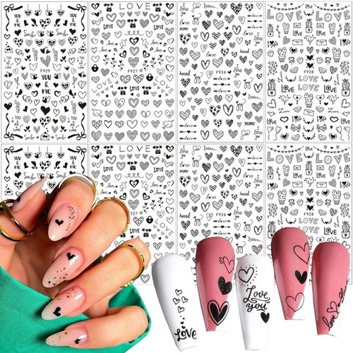 8Sheets/Set Valentine's Day Nail Stickers, 3D Shiny Love Heart Nail Decals Hearts Nail Sticker Valentines Day Nail Art Sticker Self-Adhesive Black Heart Stickers for Girl Nails DIY Nail Supplies Decor
