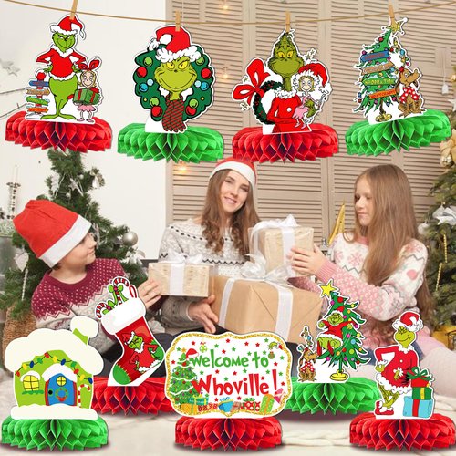9pcs Christmas Table Decorations,Christmas Honeycomb Centerpieces Whoville Christmas Decorations Christmas Birthday Party Decorations Christmas Party Supplies Christmas Decor