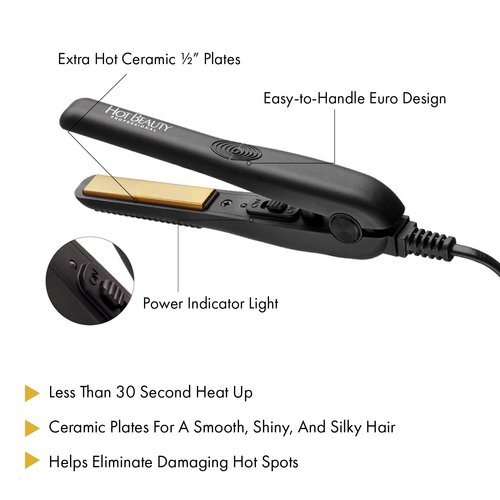 Hot Beauty Professional Ceramic Mini Flat Iron 1/2", Anti-Frizz, Fast Heating, Versatile Styling for Curly & Straight Hair, Ideal for Traveling with Travel Pouch (Black)