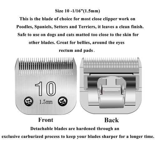 10# Clipper Blades Pet Grooming Clipper Replacement Blades - 1/16"(1.5mm) Cut Length, Compatible with Andis, Oster A5, Wahl KM-10 Series Clippers, Made of Carbon Steel Blade & Stainless Steel Blade