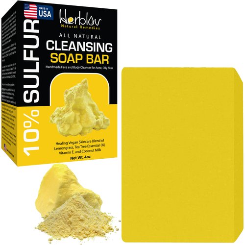 Cleansing 10% Sulfur Soap Bar for Face & Body – Natural Shine Control Facial Cleanser for Acne, Oily Skin – Made in USA Healing Skincare Wash with Lemongrass, Tea Tree Oil, Vitamin E, Coconut Milk