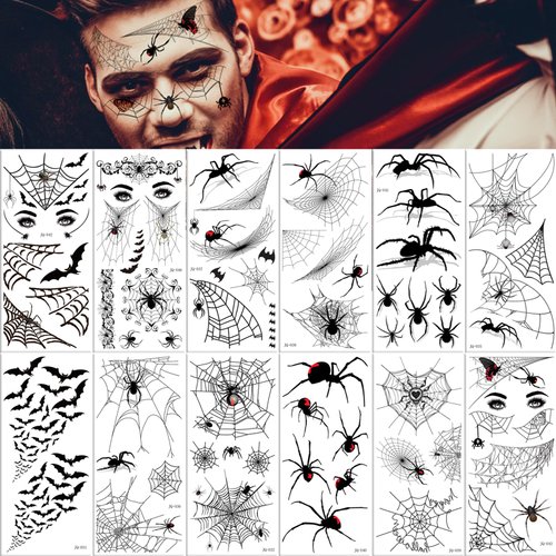 Halloween Temporary Tattoos Spider Web Face Body Fake Tattoos Spider Dark Waterproof Fashion Tattoo Stickers for Halloween Cosplay, Adults Makeup Tattoos Kit (12 Sheets)