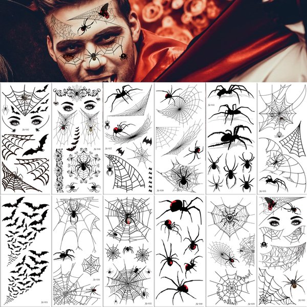 Halloween Temporary Tattoos Spider Web Face Body Fake Tattoos Spider Dark Waterproof Fashion Tattoo Stickers for Halloween Cosplay, Adults Makeup Tattoos Kit (12 Sheets)