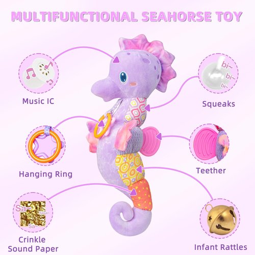 Baby Toys 0-6 Months,Infant Musical Seahorse Stuffed Animals Sensory Toys with Bright Colors,Multiple Textures,Rattles & Crinkle Sound Paper,Tummy Time Toy for Newborn Boys Girls 0-12 Months-Purple