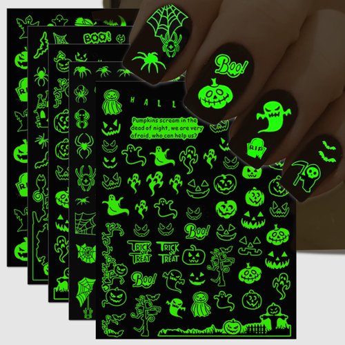 IDDFEVE Halloween Grow in The Dark Nail Stickers, 3D Luminous Ghost Nail Art Decals, Self-Adhesive Pumpkin Spider-Web Bat Design for DIY Nail Supplies Decoration (10 Sheets)