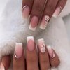 Medium Press on Nails Square Pink White Fake Nails Flowers Designs Stick on Nails Cute False Nails Stick on Nails for Women Girls Nail Decoration