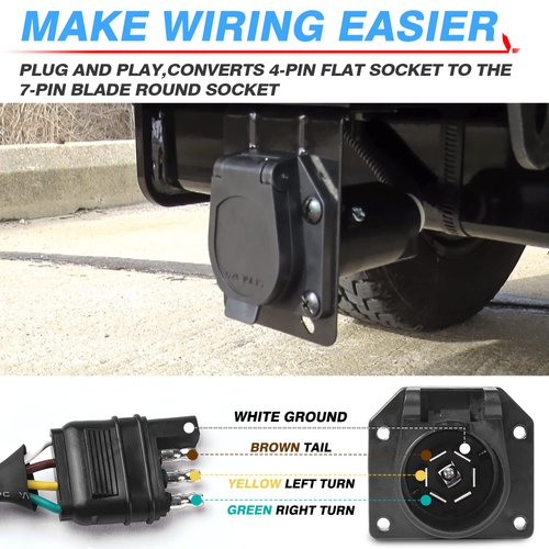 MICTUNING 4-Way Flat to 7-Way Round Blade Trailer Adapter Wiring Plug Connector with Mounting Bracket