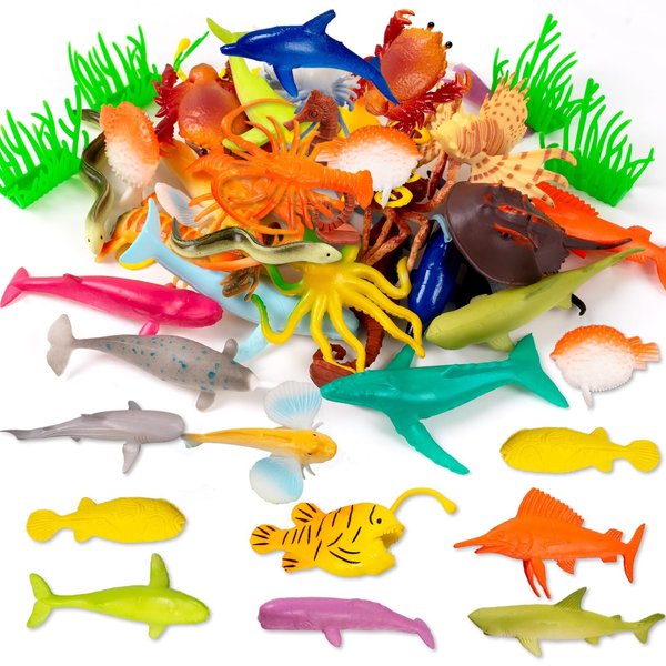 OuMuaMua 33 Pack Sea Animal Figure Toys Plastic Mini Ocean Animals Realistic Small Sea Creature Figure Toys Fake Under The Sea Creatures Bath Toys for Kids Toddlers Preschool Educational Party Favors