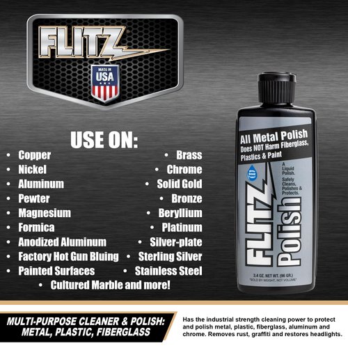 Flitz Metal Polish and Cleaner Liquid for All Metal, Also Works On Plastic, Fiberglass, Aluminum, Jewelry, Sterling Silver: Great for Headlight Restoration and Rust Remover, 3.4 oz