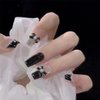 24Pcs Artificial Acrylic Fake Nails with Black Bow Pearl Designs, Press on Nails Square Medium Length, Full Cover Reusable Coffin False Nails, Women Glue on Nails Set, Stick on Nails for Nail Art