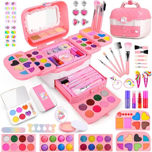 Auney 80 PCS Kids Makeup Kit for Girls 5 6 7 8 Years Old, Unicorn Girls Toy for Little Girls Birthday, Princess Dolls Dress Up Toy for Performance Dance Show Role Play Party