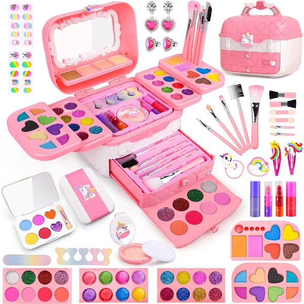 Auney 80 PCS Kids Makeup Kit for Girls 5 6 7 8 Years Old, Unicorn Girls Toy for Little Girls Birthday, Princess Dolls Dress Up Toy for Performance Dance Show Role Play Party