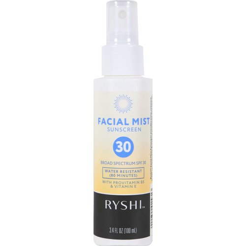 Ryshi Broad Spectrum SPF 30 Sunscreen for Face Mist, Water Resistant, Sunscreen Mist with Provitamin B5 and Vitamin E, Hydrating & Lightweight, Paraben Free, Travel Size, 3.4 fl. oz