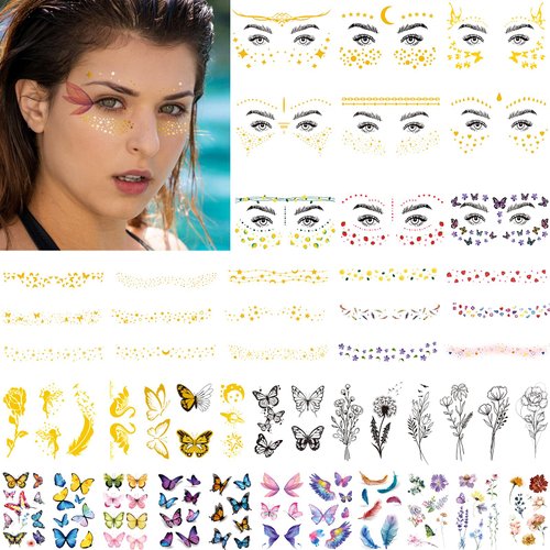 JEEFONNA 60 Sheets Face Temporary Tattoos, Metallic Fake Tattoos for Women, Men, Kids, Waterproof, Festival, Cosplay, Halloween
