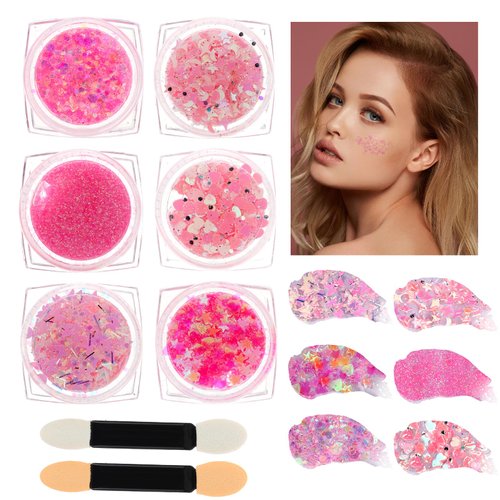 6Pcs Pink Glitter Stars Heart Body Glitter Holographic Glitter Face Glitter Gel Hair Glitter Mix Glitter Makeup Glitter Eyeshadow for Face Body Hair Nail Lip Festival Party